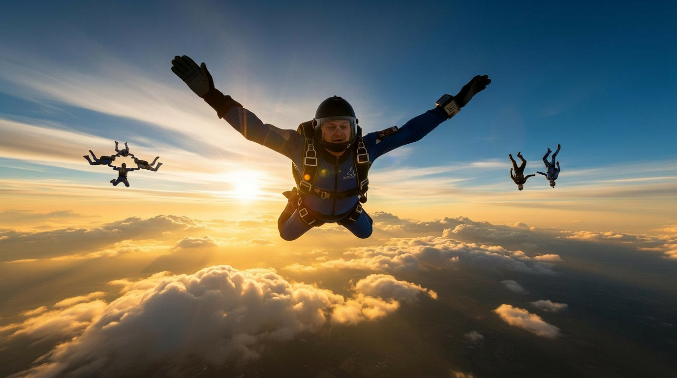 Fallskjermhopper i fritt fall over skyene